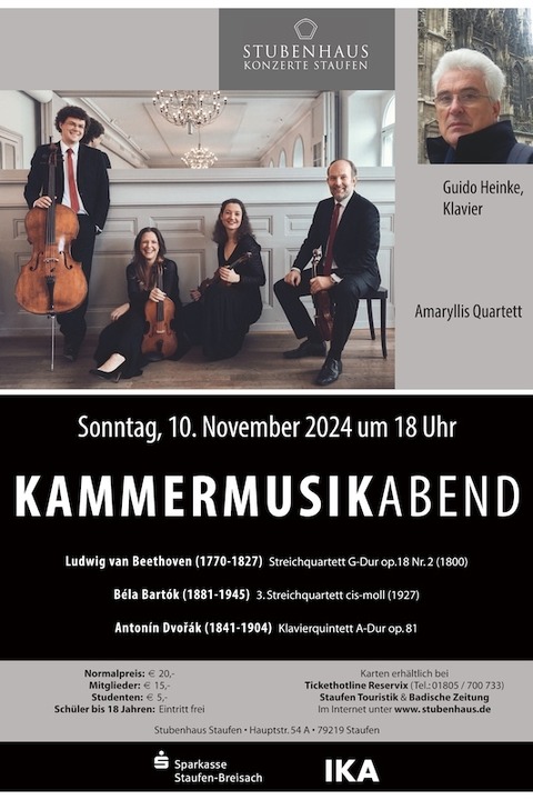 Kammermusikabend - Streichquartett und Klavier - Staufen - 10.11.2024 18:00