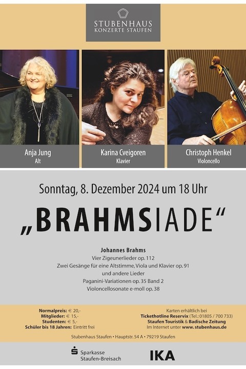 &#8222;Brahmsiade&#8220; - Lieder, Kammermusik und Klaviermusik von Johannes Brahms - Staufen - 08.12.2024 18:00