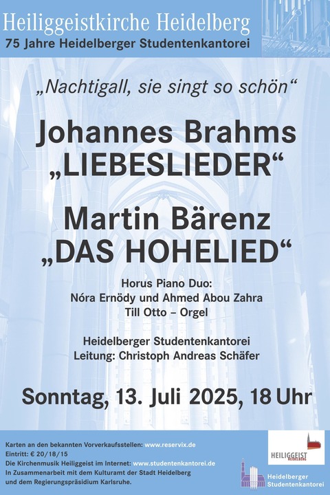 Chorkonzert - 75 Jahre Studentenkantorei - Brahms &#8222;Liebeslieder&#8220;, Brenz &#8222;Das Hohelied&#8220; - Heidelberg - 13.07.2025 18:00