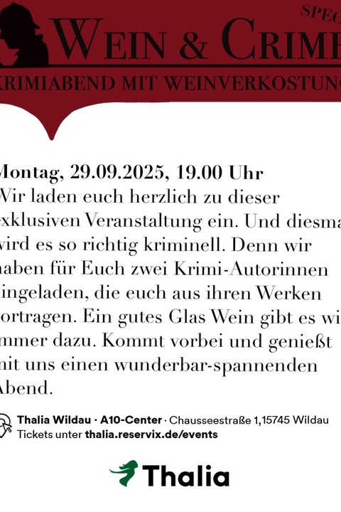 Wein und Crime - Special - Wildau - 29.09.2025 19:00