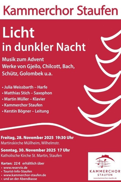 Licht in dunkler Nacht - Musik zum Advent - Werke von Gjeilo, Chilcott, Bach, Schtz, Golombek u.a. - Staufen - 30.11.2025 17:00