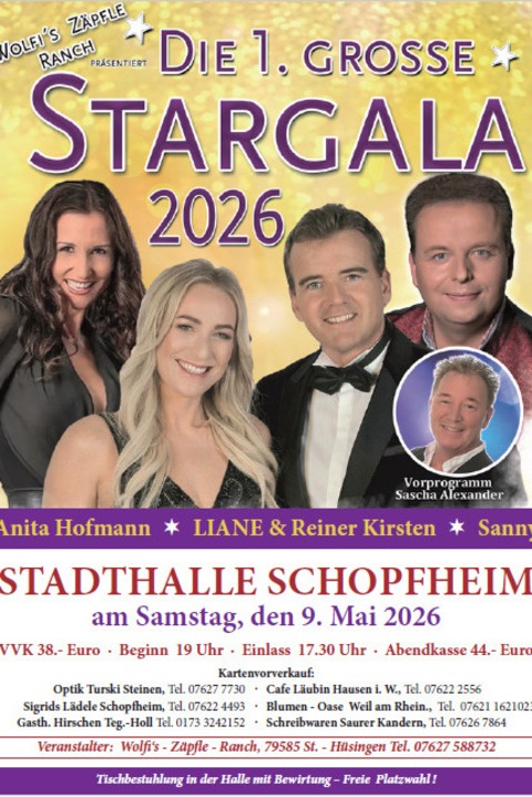 DIE 1. GROSSE STARGALA - Wolfi`s Zpfle Ranch prsentiert : - Schopfheim - 09.05.2026 19:00