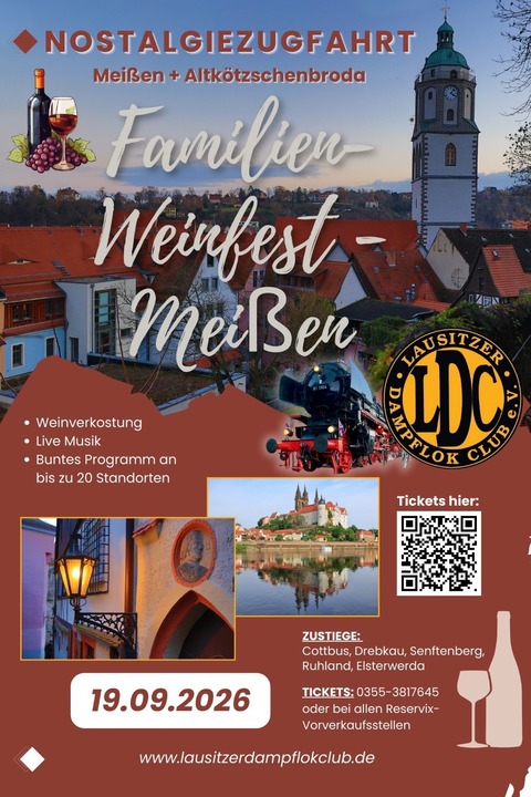 Dampf + Wein -„Familien-Weinfest“- in Mei�en + Altk�tzschenbroda - Cottbus - 19.09.2026 00:00