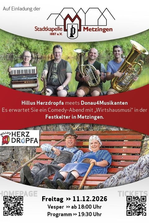 Hillus Herzdropfa meets Donau4Musikanten - Wirtshausmusik im Kleinsten und vom Feinsten! - Metzingen - 11.12.2026 19:30