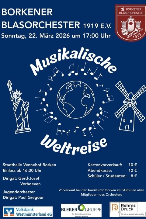 Jahreskonzert Borkener Blasorchester - Musikalische Weltreise - Borken - 22.03.2026 17:00