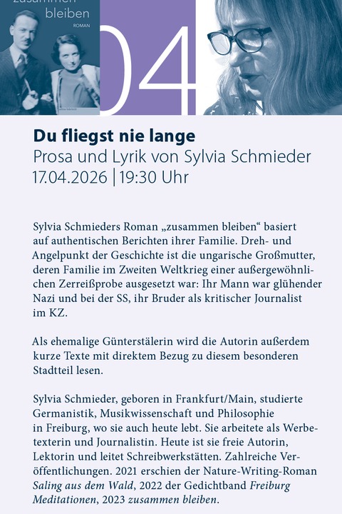 "Du fliegst nie lange" Prosa und Lyrik von Sylvia Schmieder - Freiburg - 17.04.2026 19:30