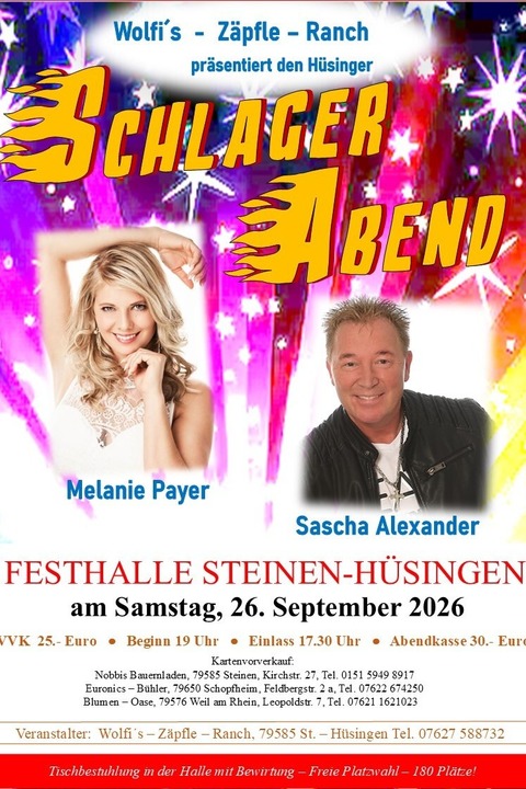 SCHLAGER ABEND - 4 Stunden Unterhaltung Schlager Pur - Steinen - H�singen - 26.09.2026 19:00