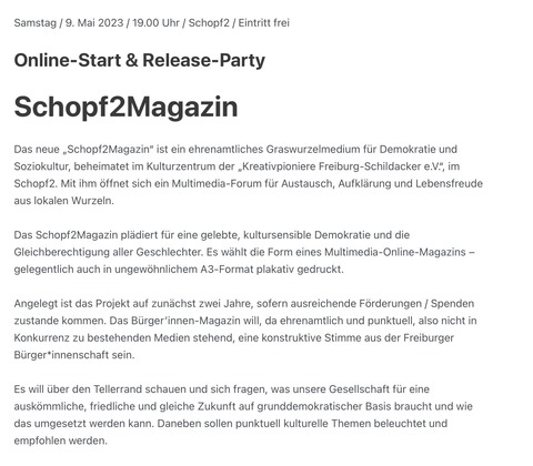 Online-Start & Release-Party Schopf2Magazin - Freiburg - 09.05.2026 19:00