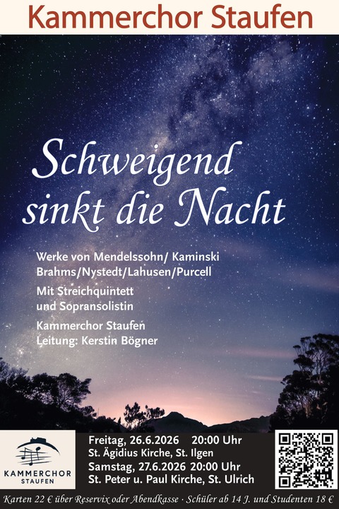 Schweigend sinkt die Nacht - Werke von Mendelssohn/Kaminski Brahms/Nystedt/Lahusen/Purcel - Sulzburg - 26.06.2026 20:00
