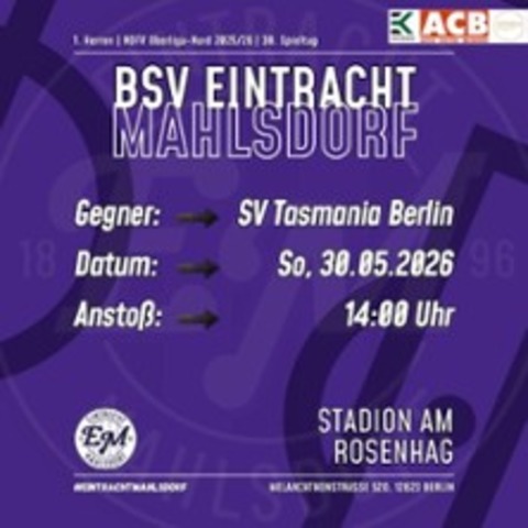 BSV Eintracht Mahlsdorf vs. SV Tasmania Berlin - BERLIN - 30.05.2026 14:00