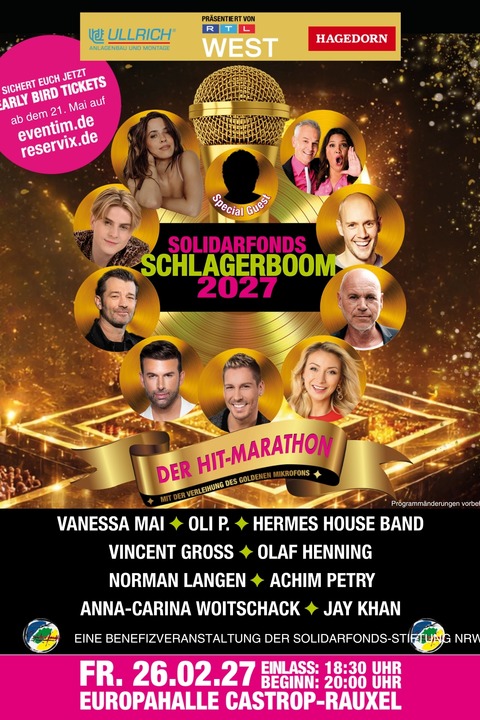 Solidarfonds-SCHLAGERBOOM 2027 - Vanessa Mai o Oli P. o Hermes House Band & Jay Khan u.a. - Castrop-Rauxel - 26.02.2027 20:00