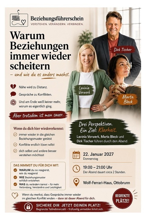 Beziehungsf�hrerschein - Warum Beziehungen immer wieder scheitern - und wie du es anders machst - Ottobrunn - 22.01.2027 19:00