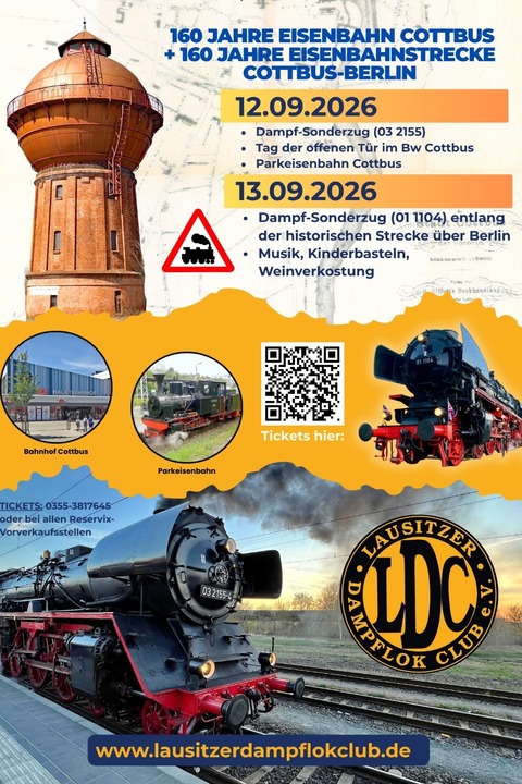 160 Jahre Eisenbahn in Cottbus! NostalgieDampf - Tag der offenen T�r im Bw Cottbus - Cottbus - 12.09.2026 00:00